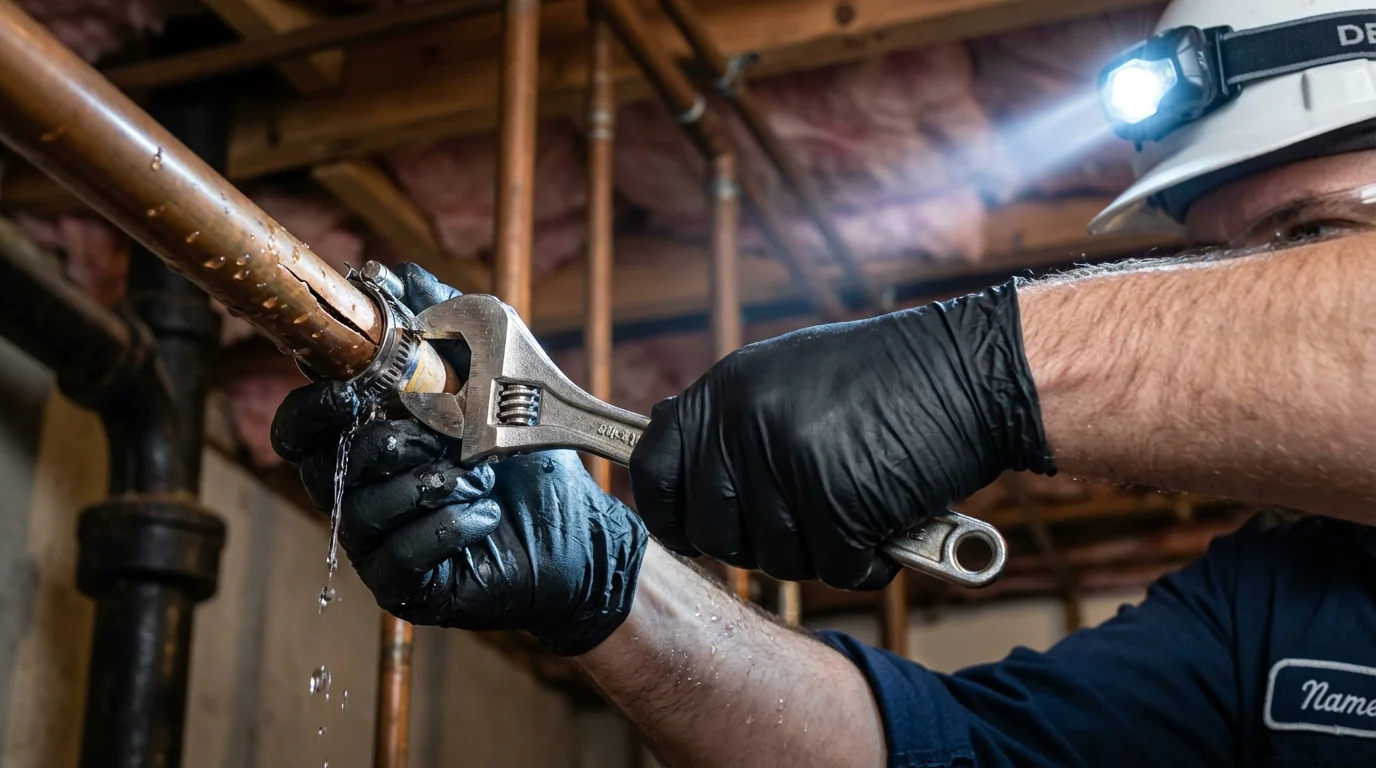 Emergency pipe clamp repair being performed by a Johns Plumbing LLC plumber in West Palm Beach