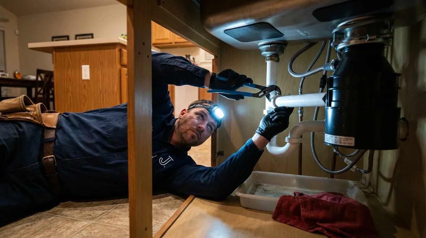 P-trap and supply line connections under a kitchen sink showing a common leak point in West Palm Beach, FL